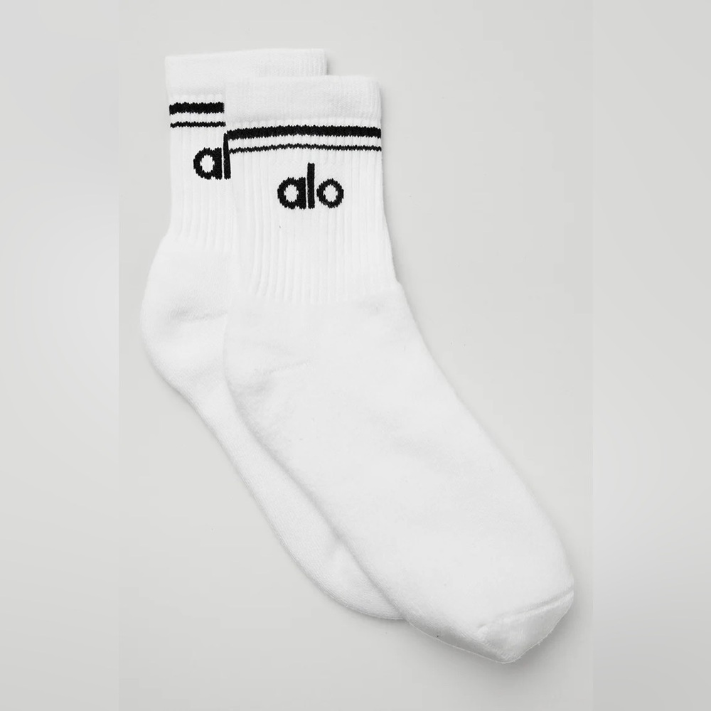 Alo Yoga White Crew Athletic Socks with Black Logo